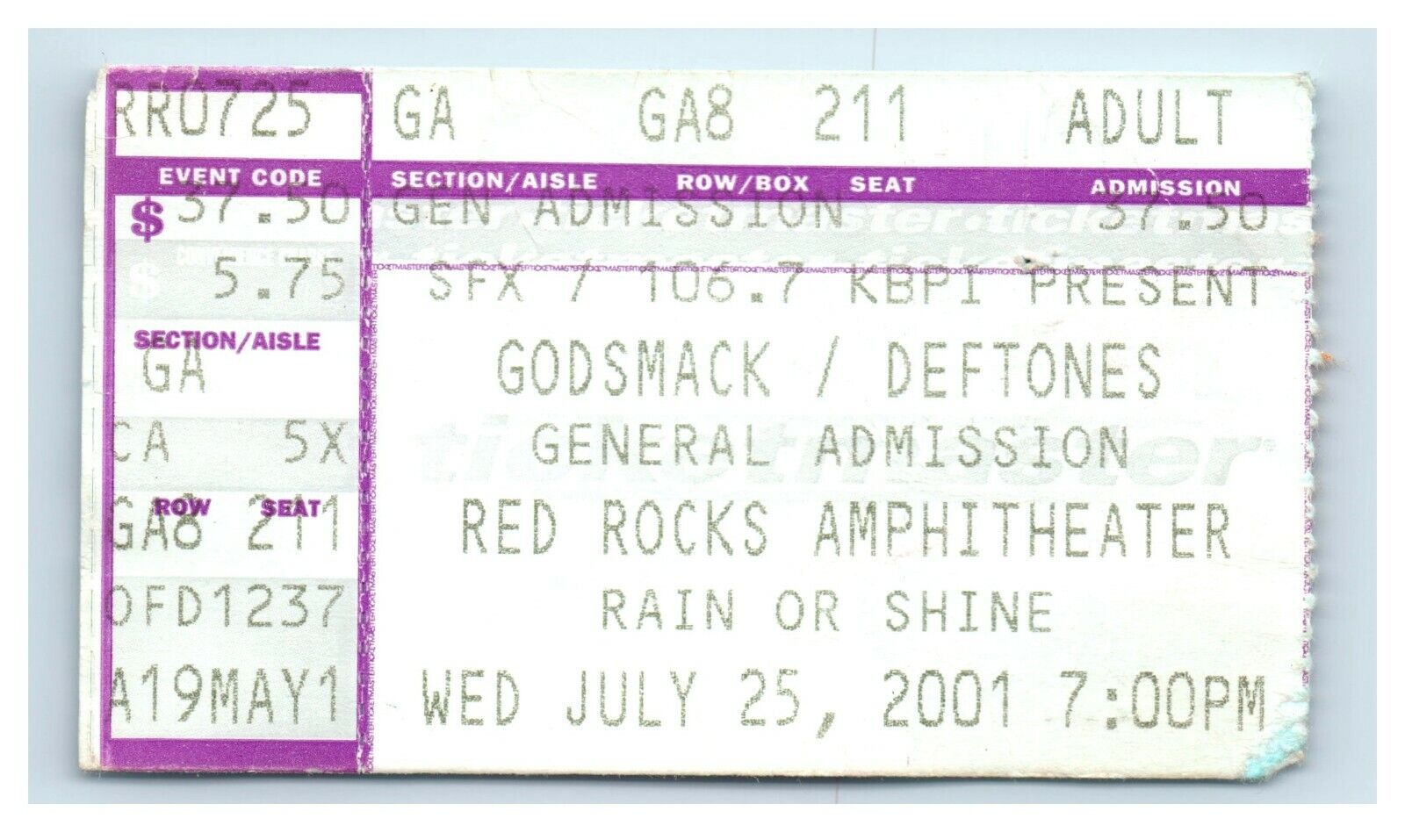 Godsmack & Deftones Vintage Ticket Stub Red Rocks Colorado July 25, 2001