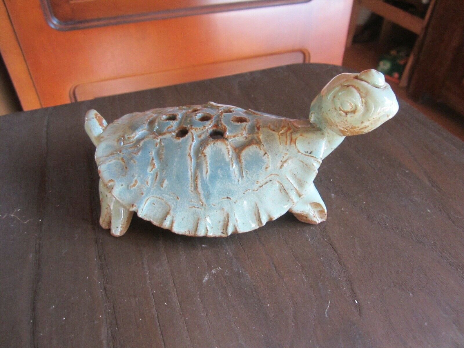 Vintage Turtle Shaped Pottery Flower Frog Signed  Green Glaze